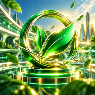 A sculptural green leaf surrounded by metallic gold orbits in a futuristic sustainable city